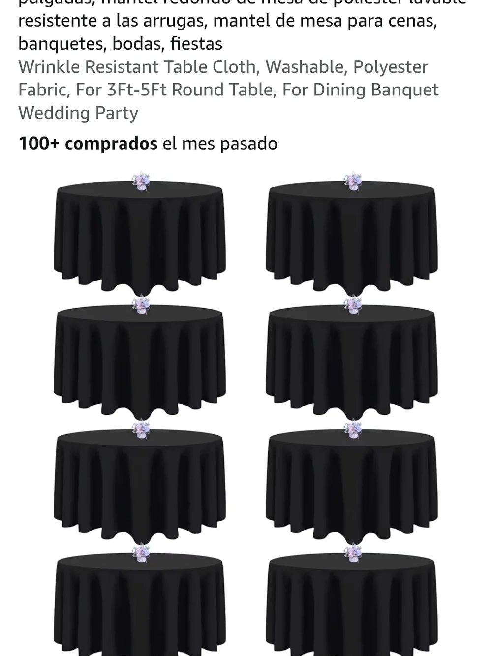 Black Round Polyester Tablecloth – Wrinkle-Resistant (8 Pack)